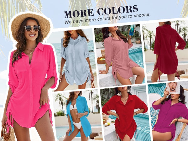 Bathing Suit Cover Ups Drawstring Button Down Beach Dress Shirt