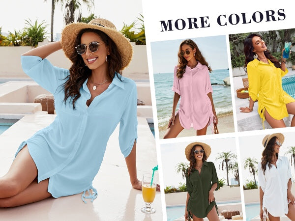 Bathing Suit Cover Ups Drawstring Button Down Beach Dress Shirt