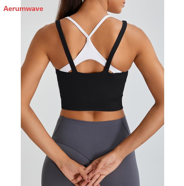 Aerumwave Womens Built in Bra Tank Tops Black Workout Scoop Neck Racerback Cropped Tops Camisole with Padded