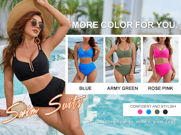 BMJL High Waisted Cutout Crisscross Ruched Womens Modest Tummy Control Two Piece Bikini Sets