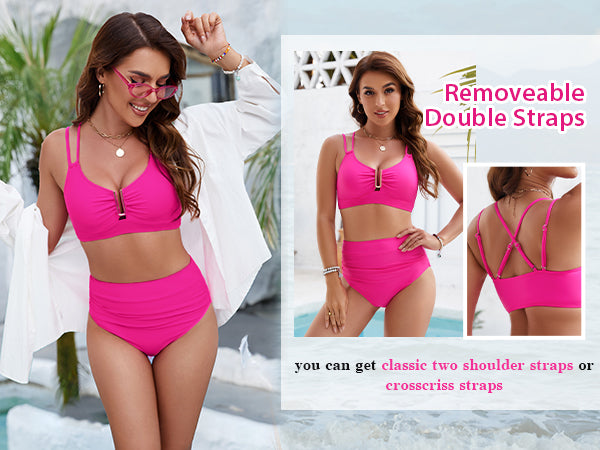 BMJL High Waisted Cutout Crisscross Ruched Womens Modest Tummy Control Two Piece Bikini Sets