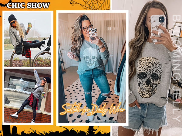 Halloween Sweatshirts Skull Graphic Long Sleeve Pullover Tops