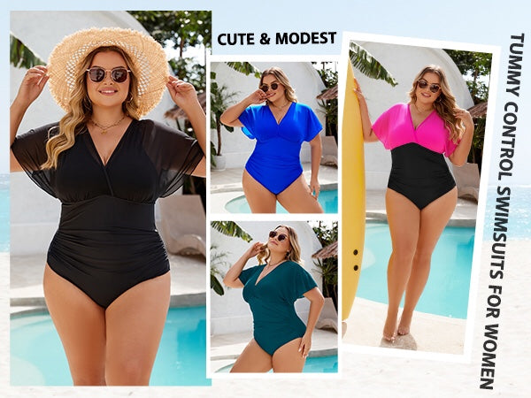 Blooming Jelly Plus Size Mesh V Neck Maternity Women's Tummy Control One Piece Swimsuit