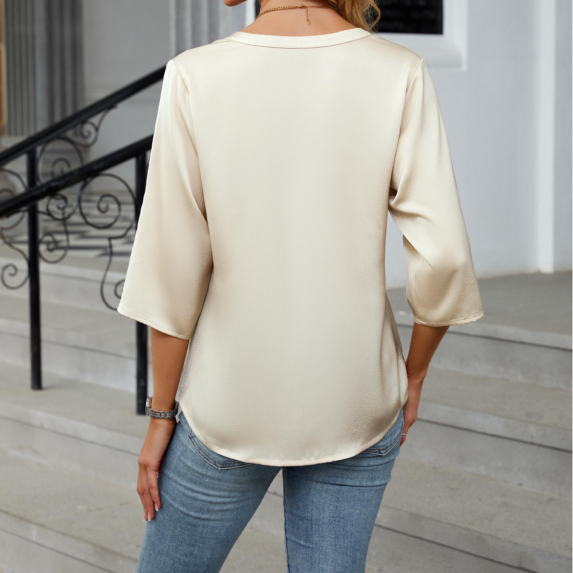 Button Down Shirts 3/4 Sleeve Dressy Casual Tops Pleated Satin Silk