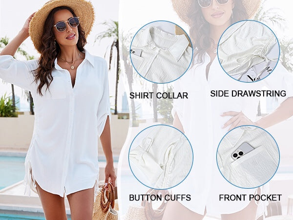 Bathing Suit Cover Ups Drawstring Button Down Beach Dress Shirt