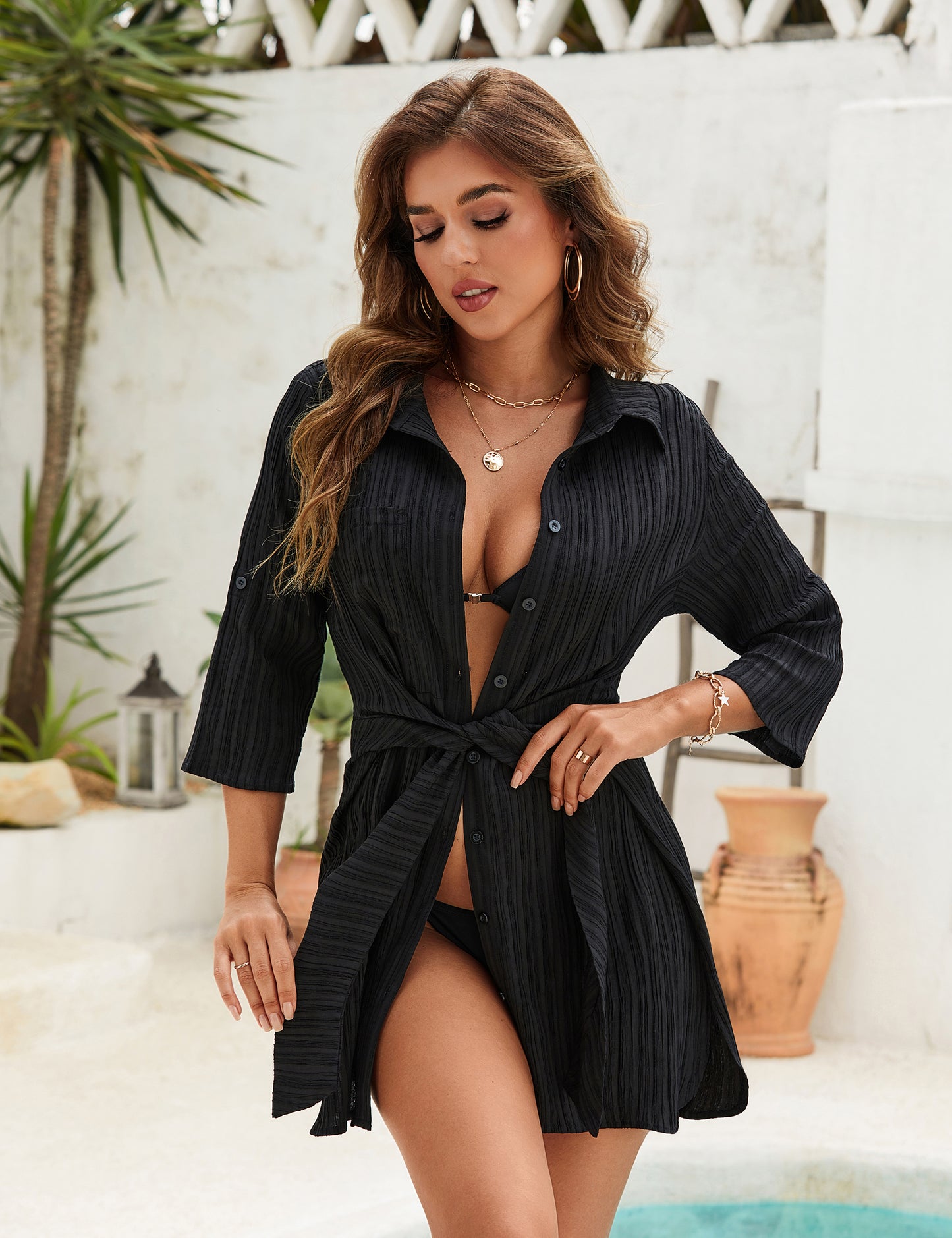 Knot Side Silt Swimsuit Coverup Women Tie Side Beach Dress Shirt