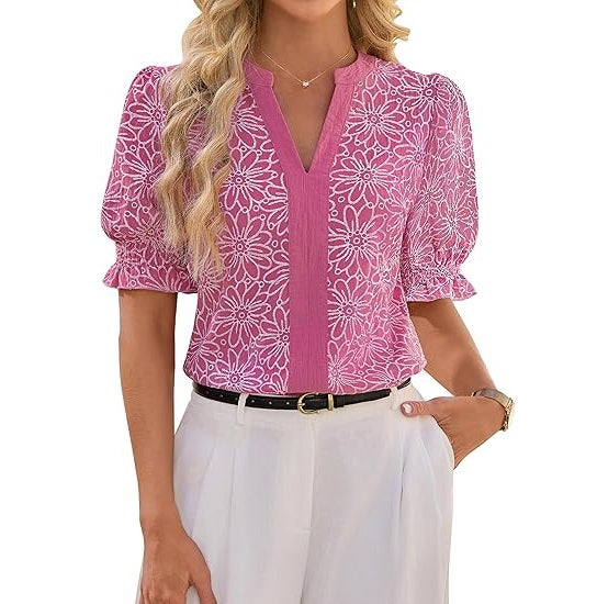 Women Puff Ruffled Sleeves Dressy Casual Blouses Floral Print V Neck Tops Color Blocked Business Work Shirts