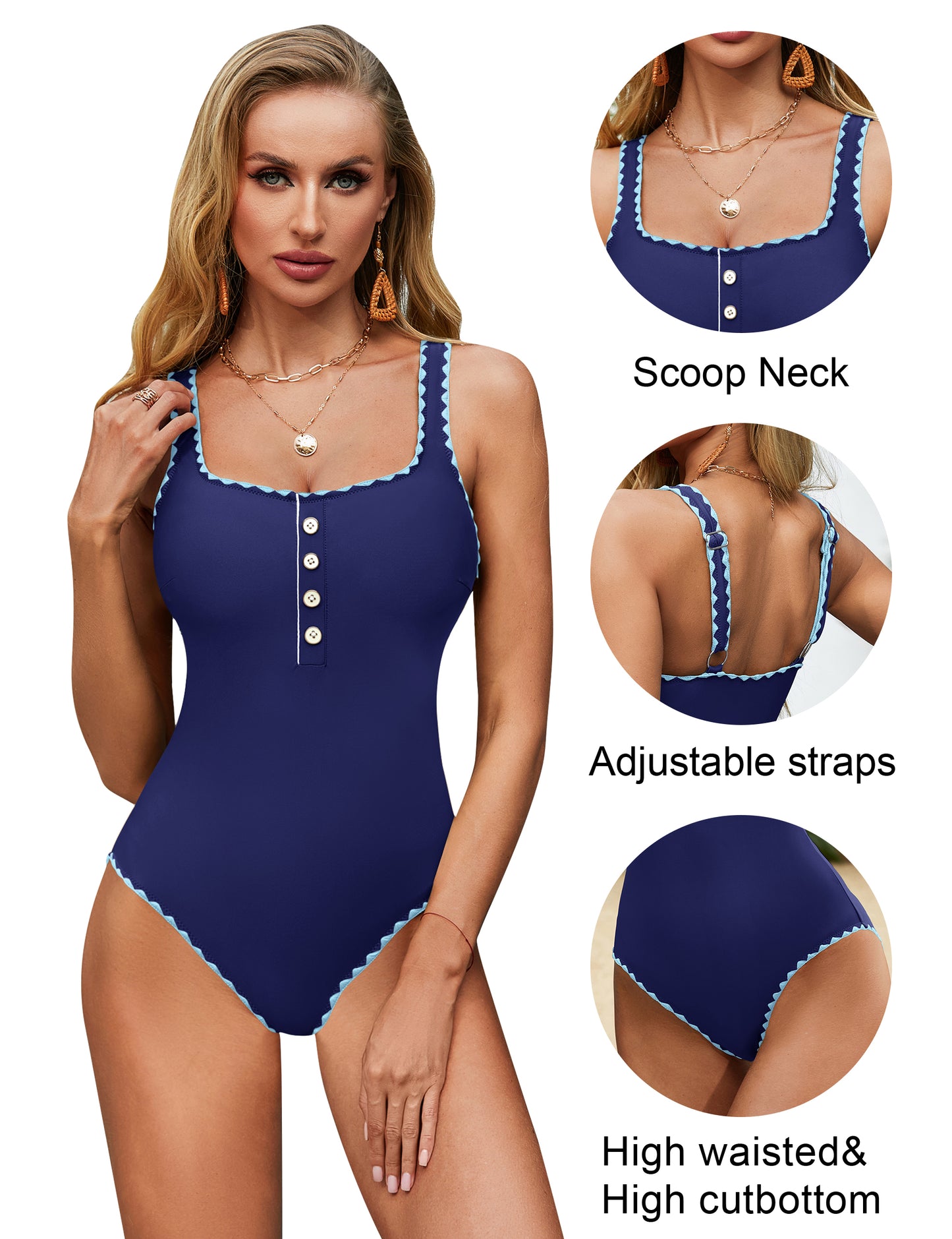 BMJL Button Adjustable Strap Color Block Retro One Piece Women's Swimsuits