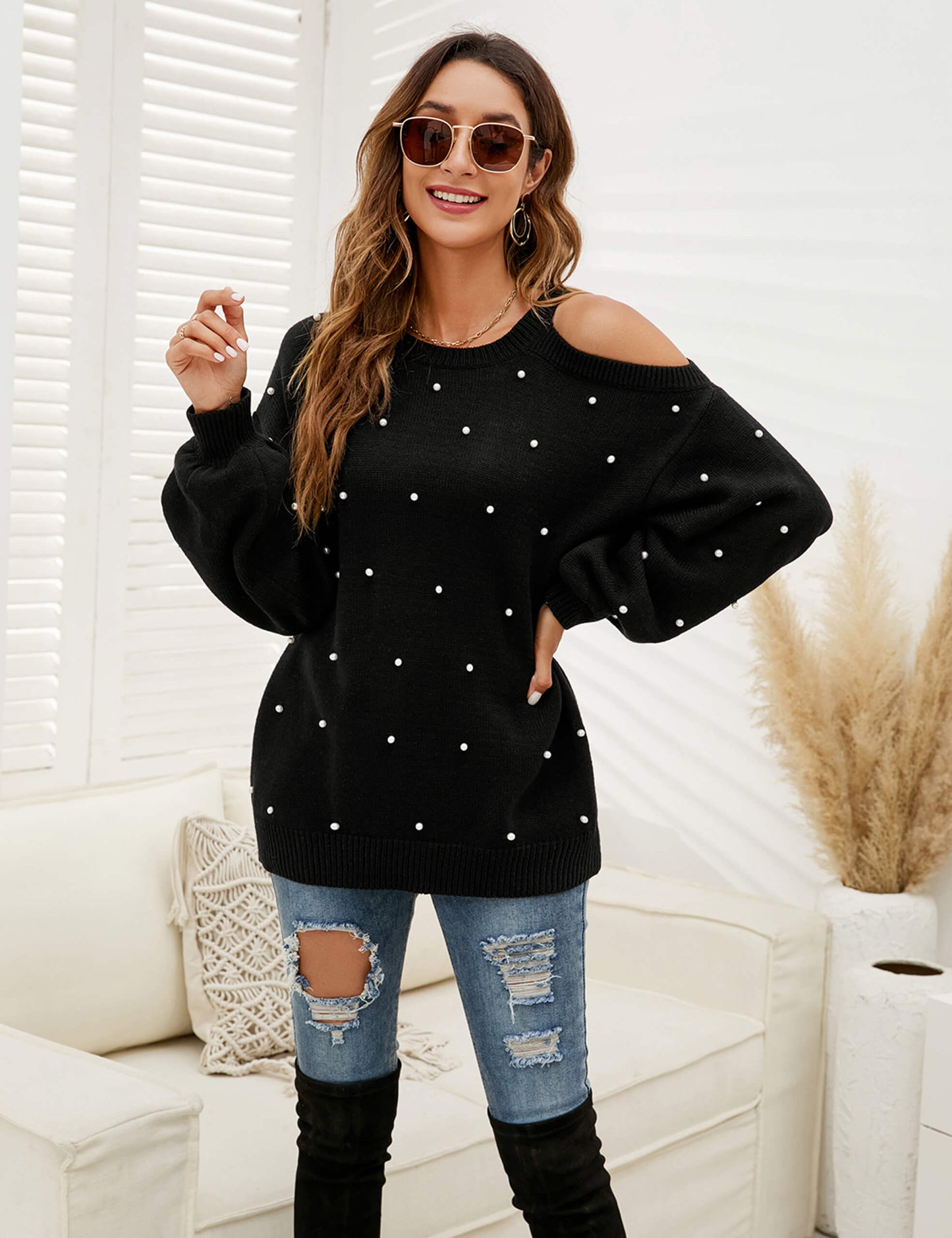Lantern Sleeve Cold Shoulder Chunky Sweater with Pearls