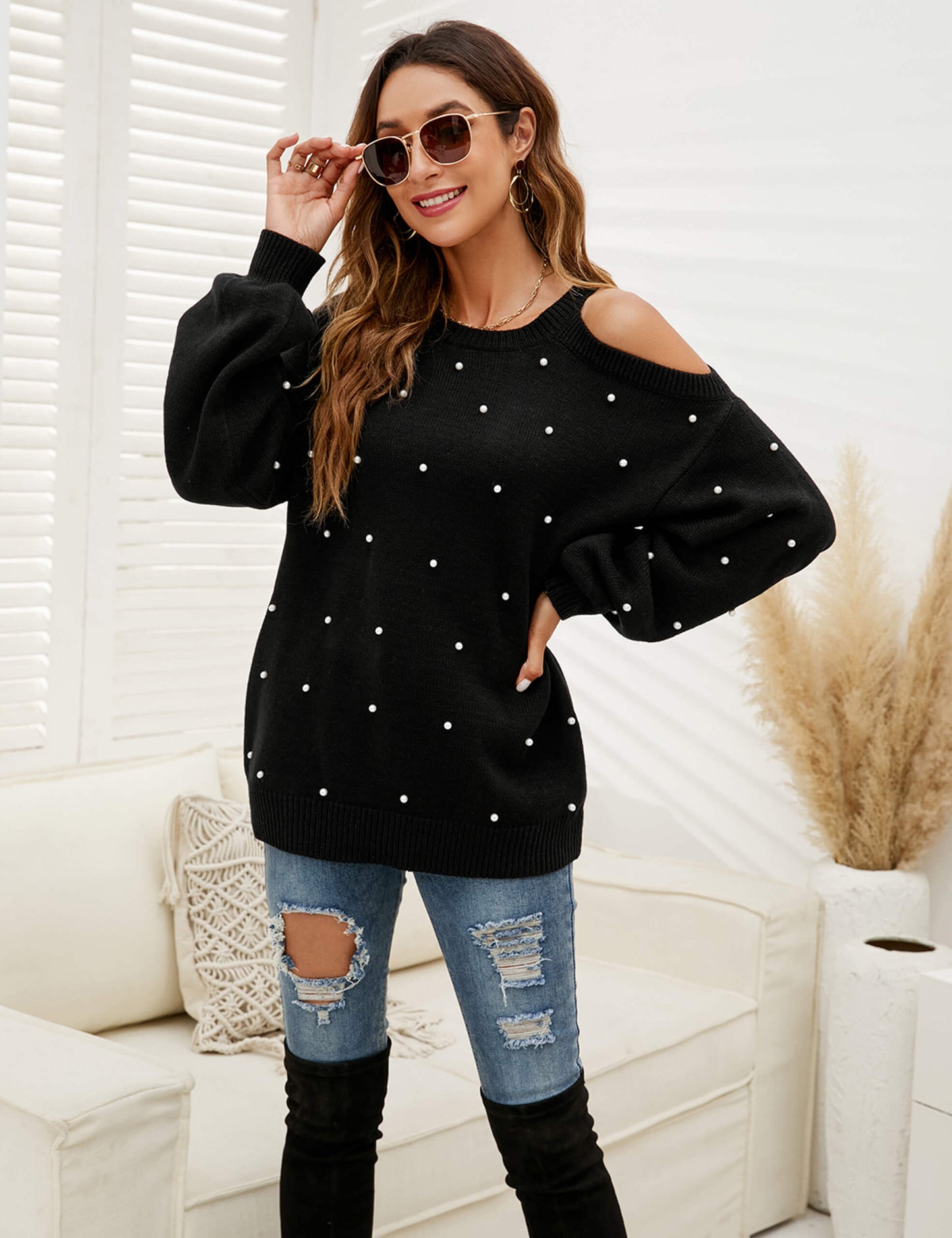 Lantern Sleeve Cold Shoulder Chunky Sweater with Pearls
