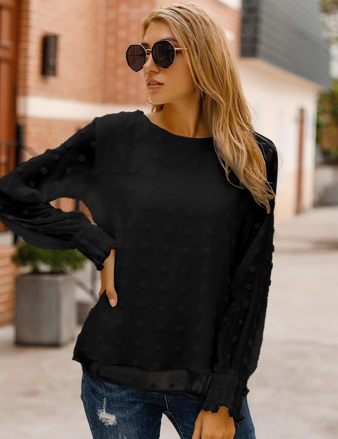 Chic Puff Sleeves Dotted Layered Blouse