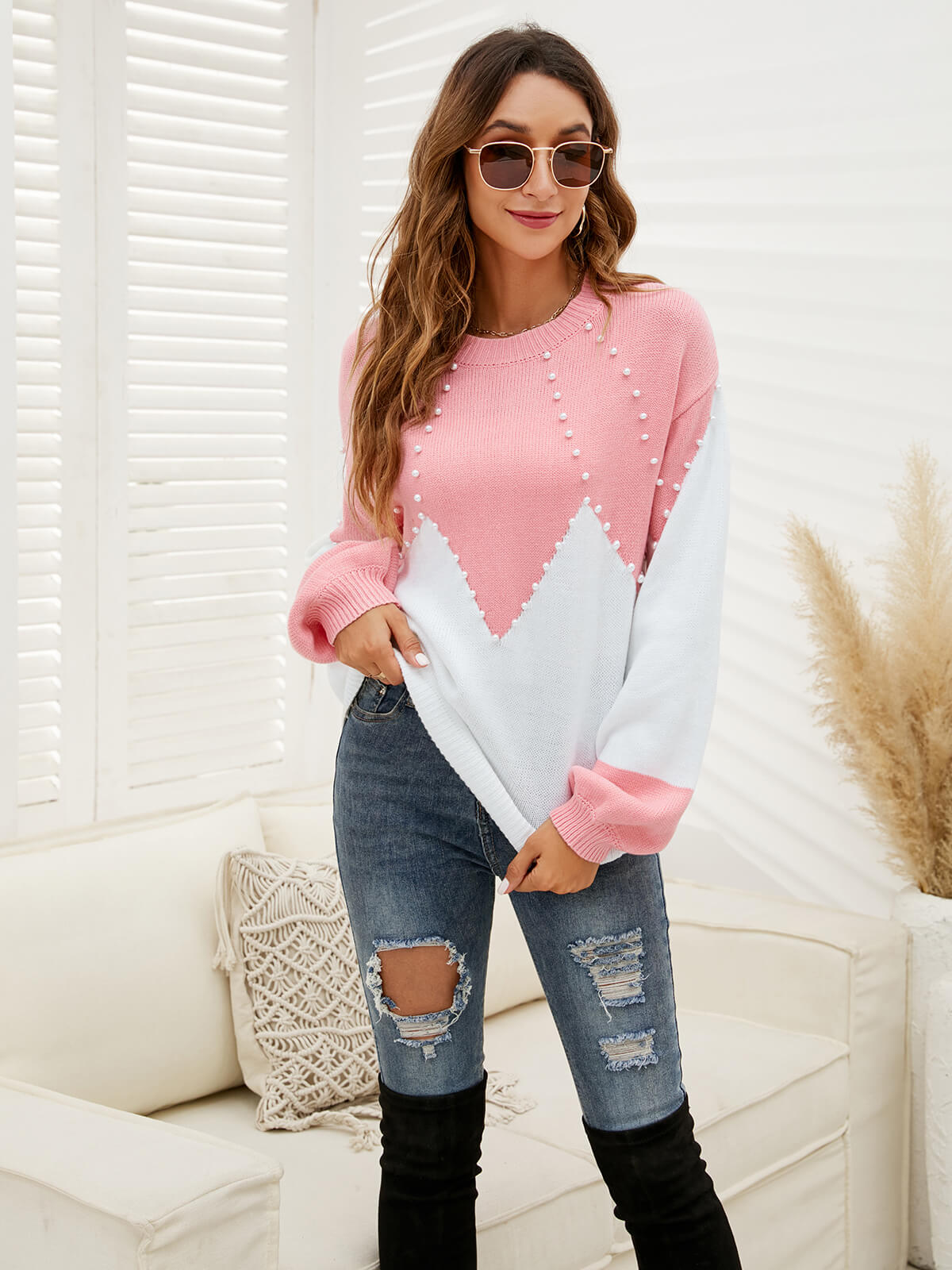 Comfy Pearl Knitted Pullover Color Block Sweater