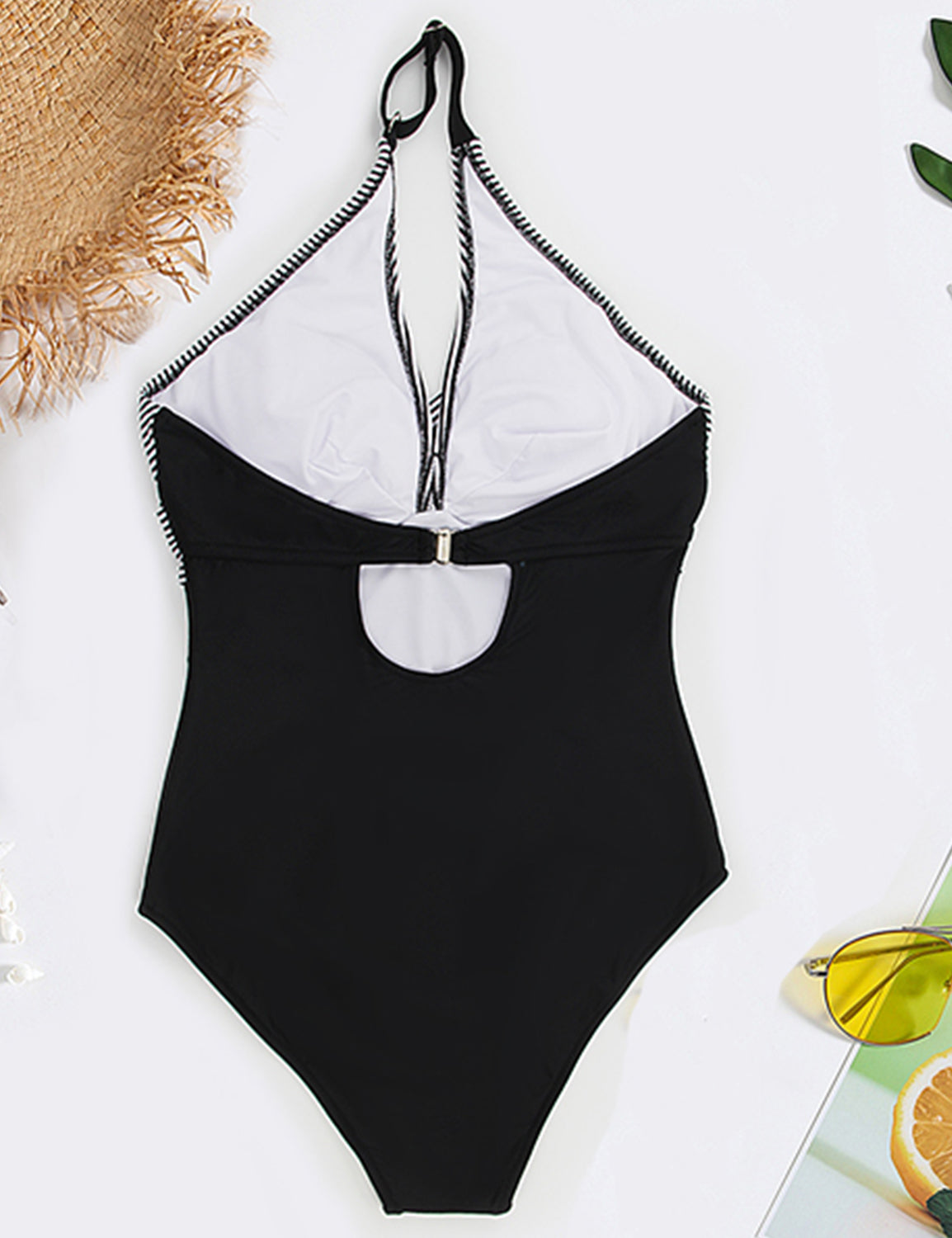 Black Swan Stripe Halter One Piece Swimsuit - Blooming Jelly