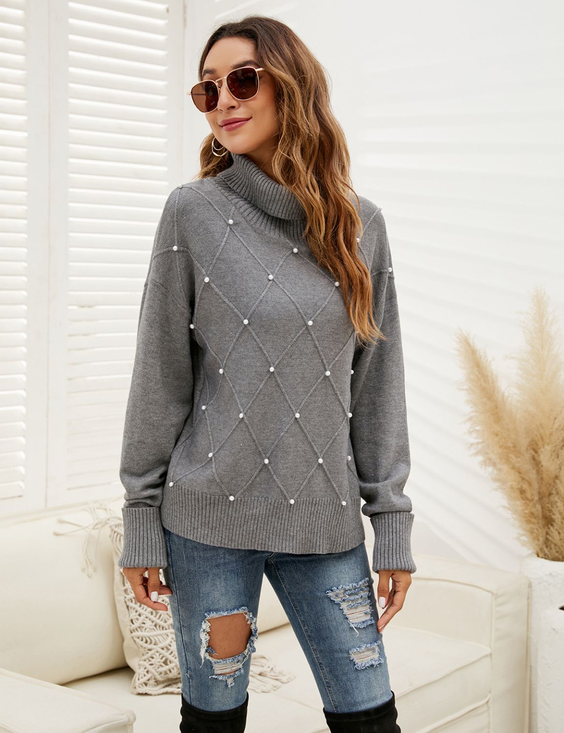 Cozy Turtle Neck Pullover Sweater with Pearls