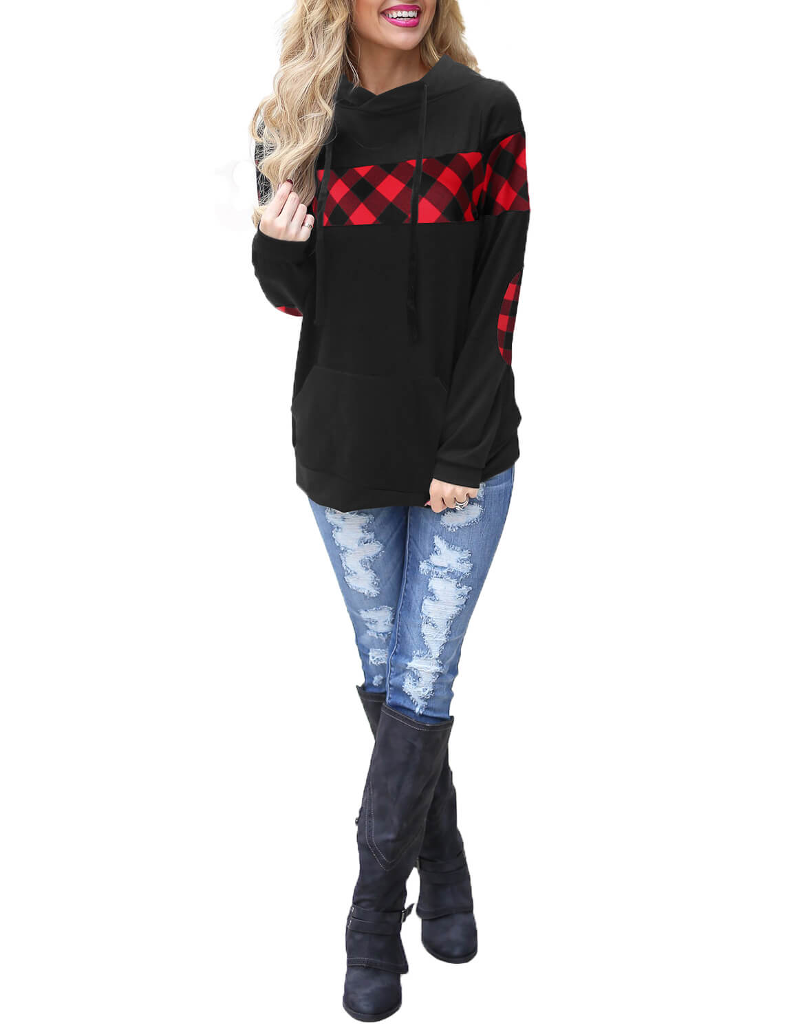 Contrast Check Long Sleeve Hoodie - Blooming Jelly