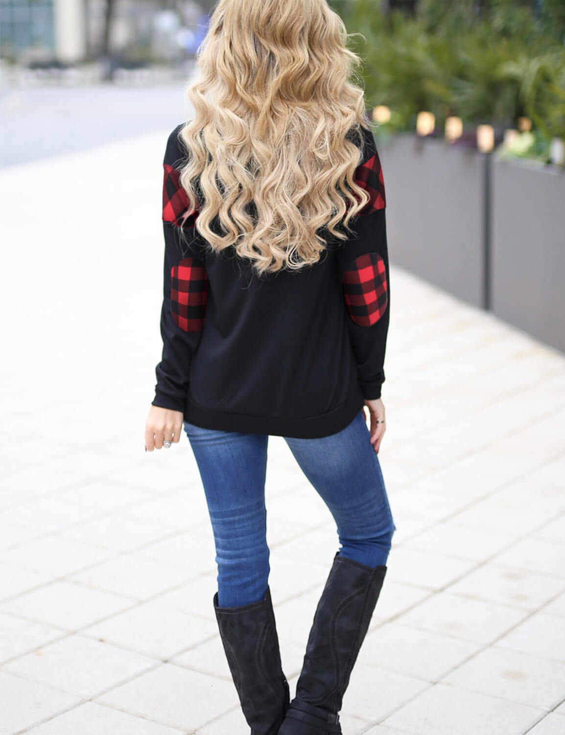 Contrast Check Long Sleeve Hoodie - Blooming Jelly