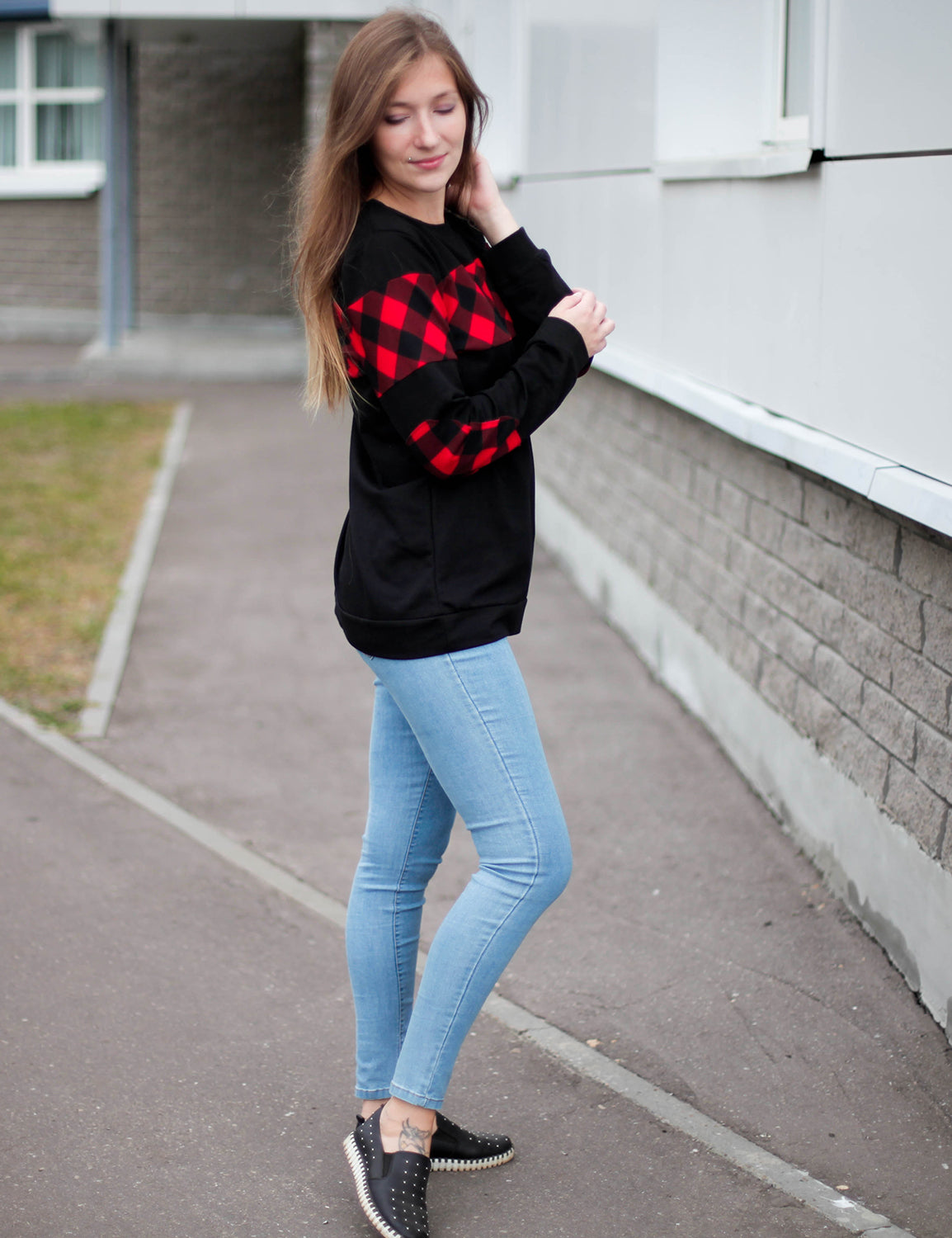 Contrast Color Long Sleeve Patchwork Sweatshirt - Blooming Jelly
