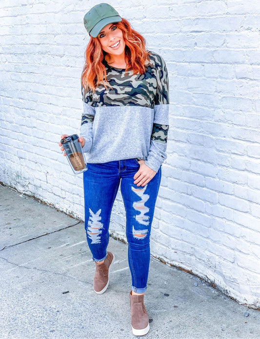 Oversized Camouflage Patchwork Pullover T-Shirt