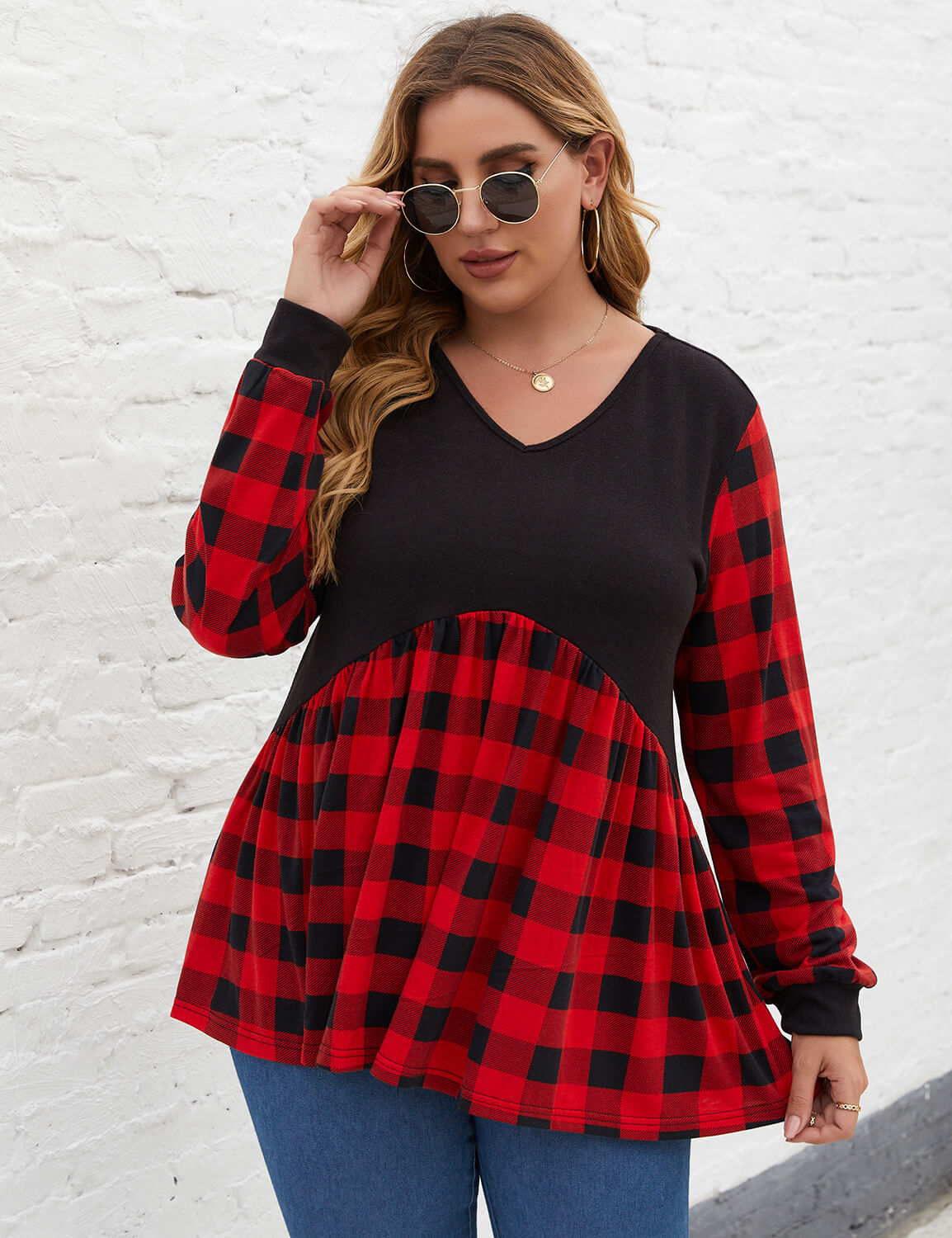 V Neck Plus Size Plaid Patched Tunic Top