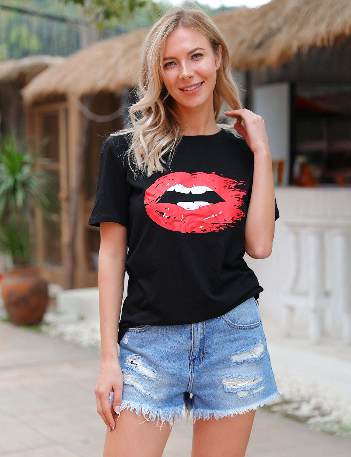 Pretty Red Lip Print Casual T-Shirt - Blooming Jelly