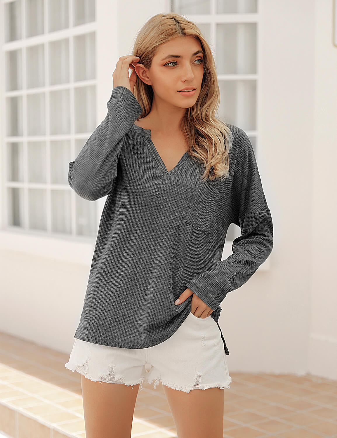Blooming Jelly_Casual Knitted Long Sleeve Pocket T-Shirt_Gray_152694_07_2020 Women Autumn Wear Fashion_Tops_T-Shirt
