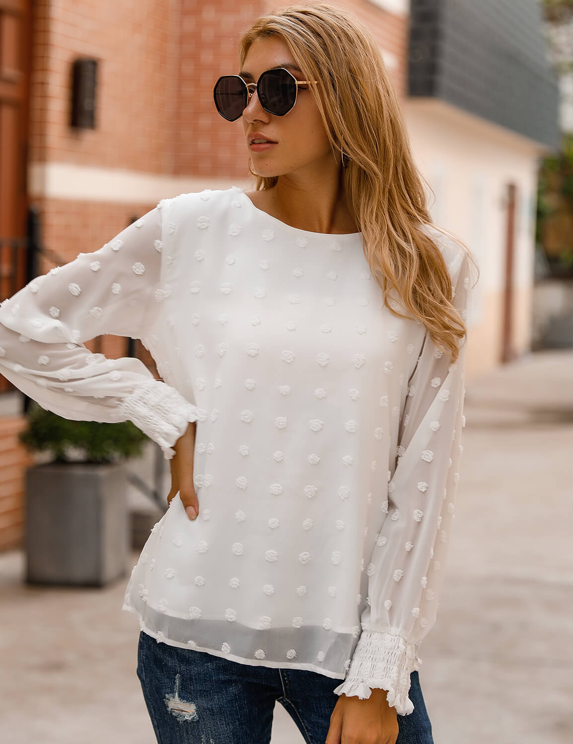 Blooming Jelly_Chic Puff Sleeves Dotted Layered Blouse_Pom Pom Details_153463_19_Elegant Women Fashion Outfits_Tops_Blouse