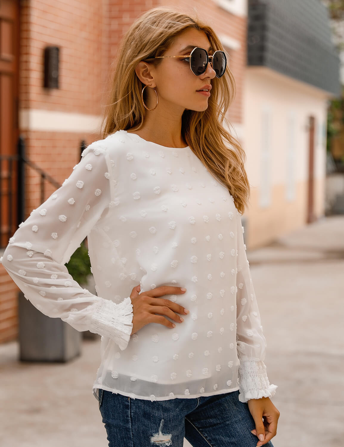 Blooming Jelly_Chic Puff Sleeves Dotted Layered Blouse_Pom Pom Details_153463_19_Elegant Women Fashion Outfits_Tops_Blouse