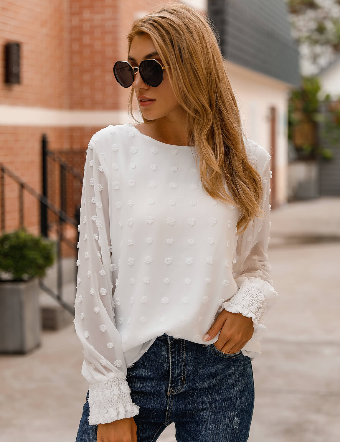 Chic Puff Sleeves Dotted Layered Blouse