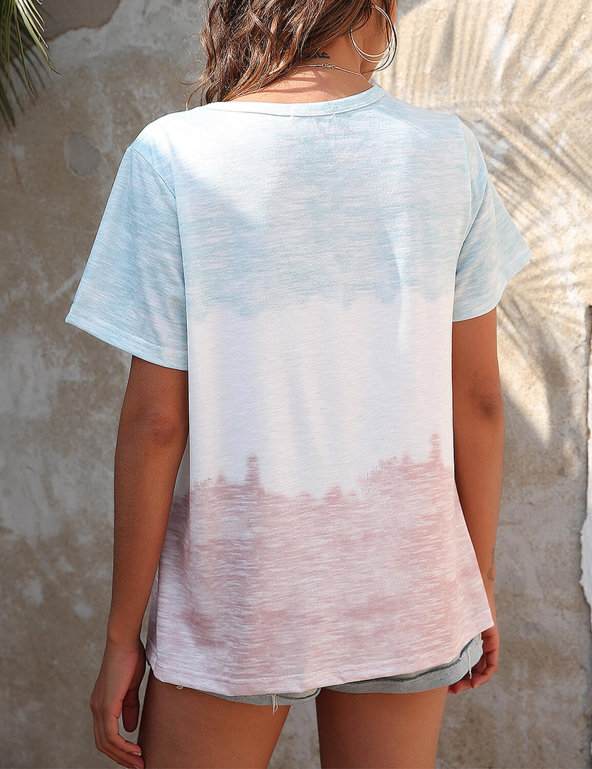 Color Block Tie Dye Shirt V Neck Loose Tee