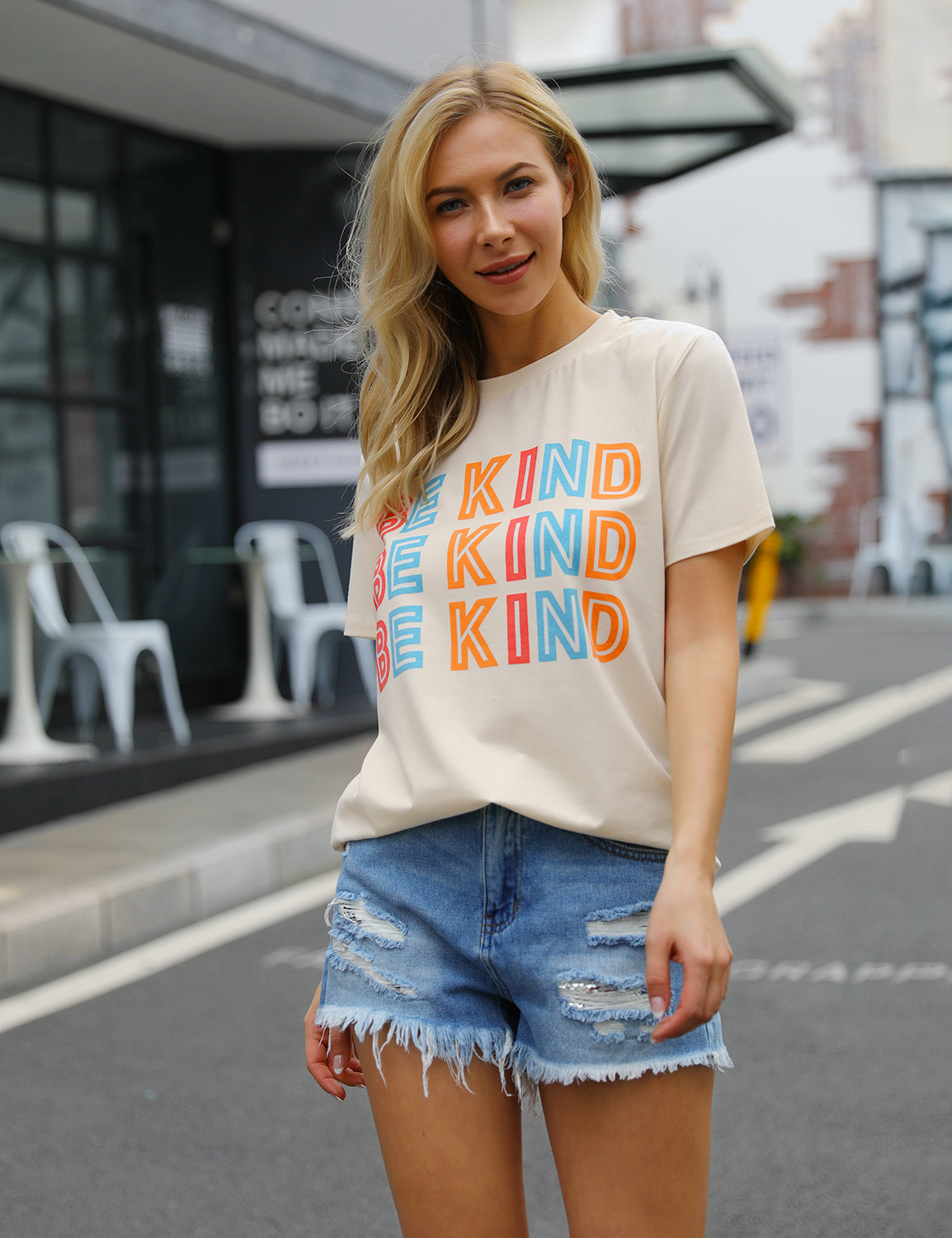 Loose Colorful BE KIND Print Casual T-Shirt - Blooming Jelly