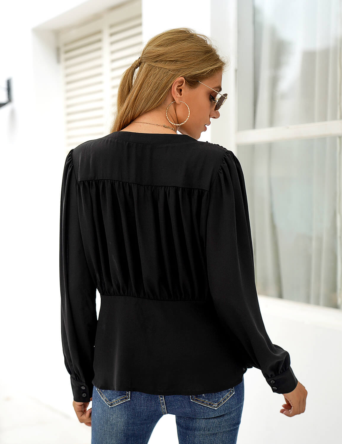Blooming Jelly_Loose V Neck Chiffon Blouse_Black_154196_02_Street Style Women Fashion Outfits_Tops_Blouse