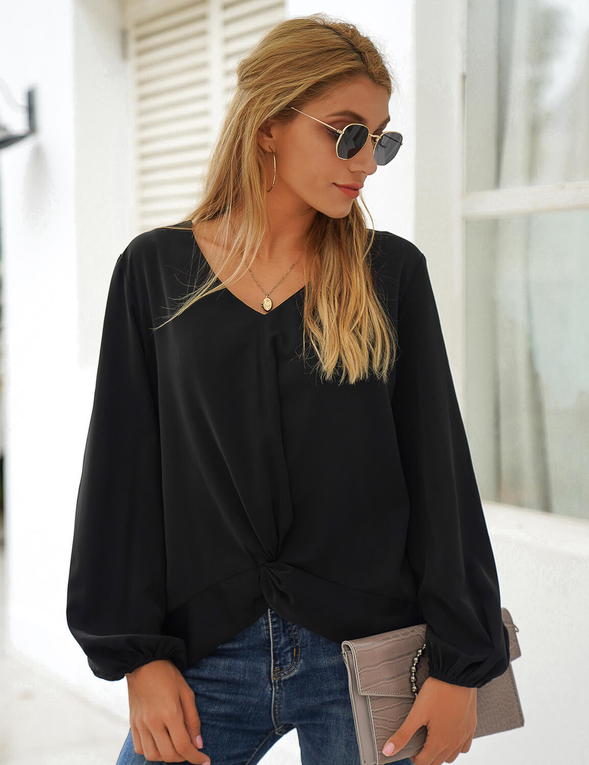 Blooming Jelly_Street Style Puff Sleeve Black Blouse_Black_156254_02_Stylish Women Casual Outfits_Tops_Blouse