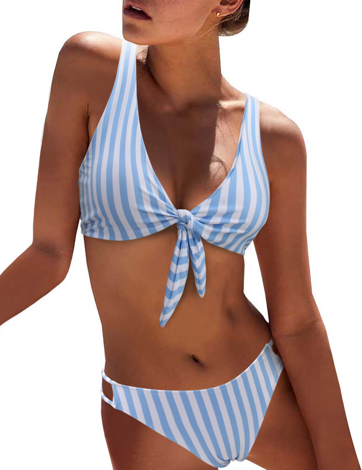 【Size XS & S】Knotted Front Cutout Pinstripe Bikini
