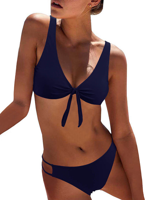 【Size Small】Knotted Front Cutout Bikini - Navy