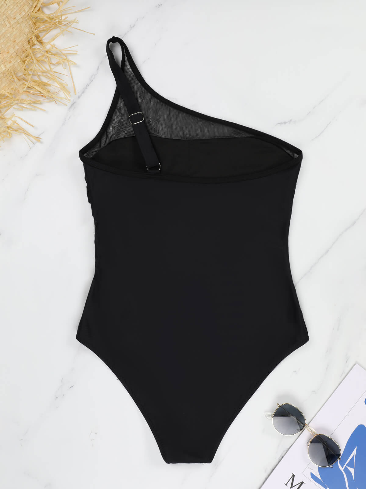 Sexy One Shoulder Mesh Patched One Piece Swimsuit