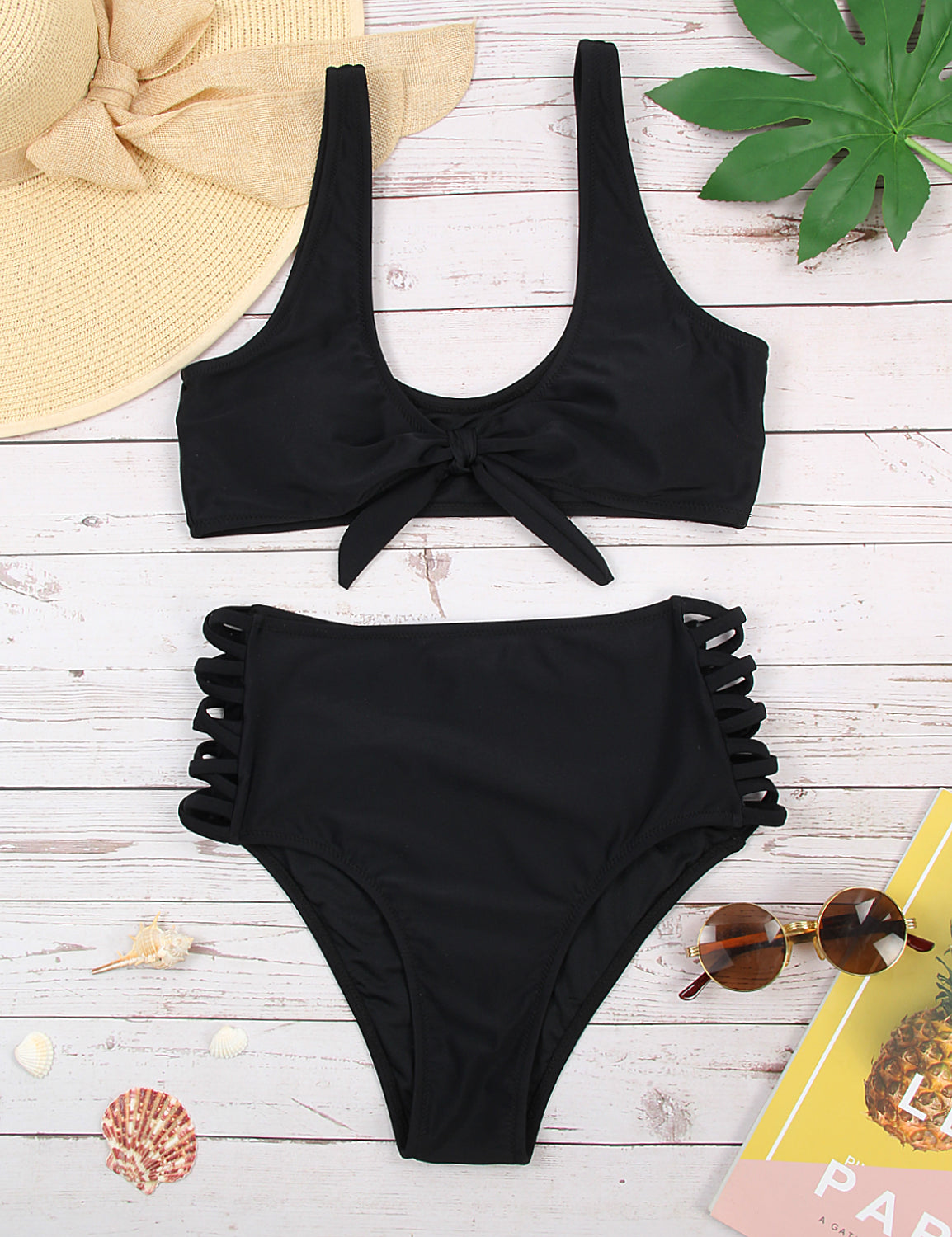 Knot Front Side High Waist Cut Out Bikini Set - Blooming Jelly
