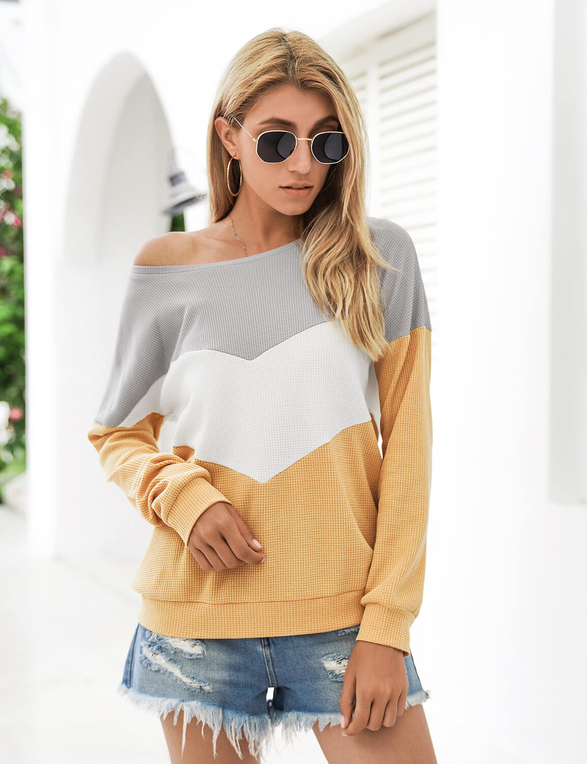 Blooming Jelly_Color Block Waffle Long Sleeve T-Shirt_Contrast Color_293053_20_Stylish Women Casual Outfits_Tops_T-Shirt