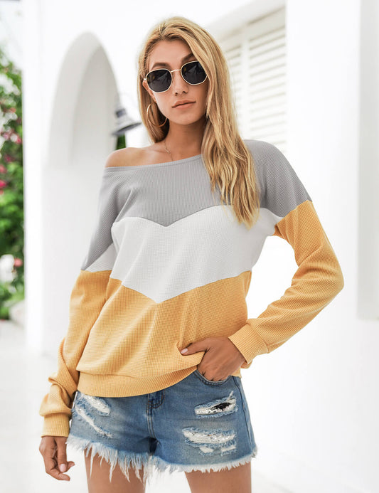 Blooming Jelly_Color Block Waffle Long Sleeve T-Shirt_Contrast Color_293053_20_Stylish Women Casual Outfits_Tops_T-Shirt
