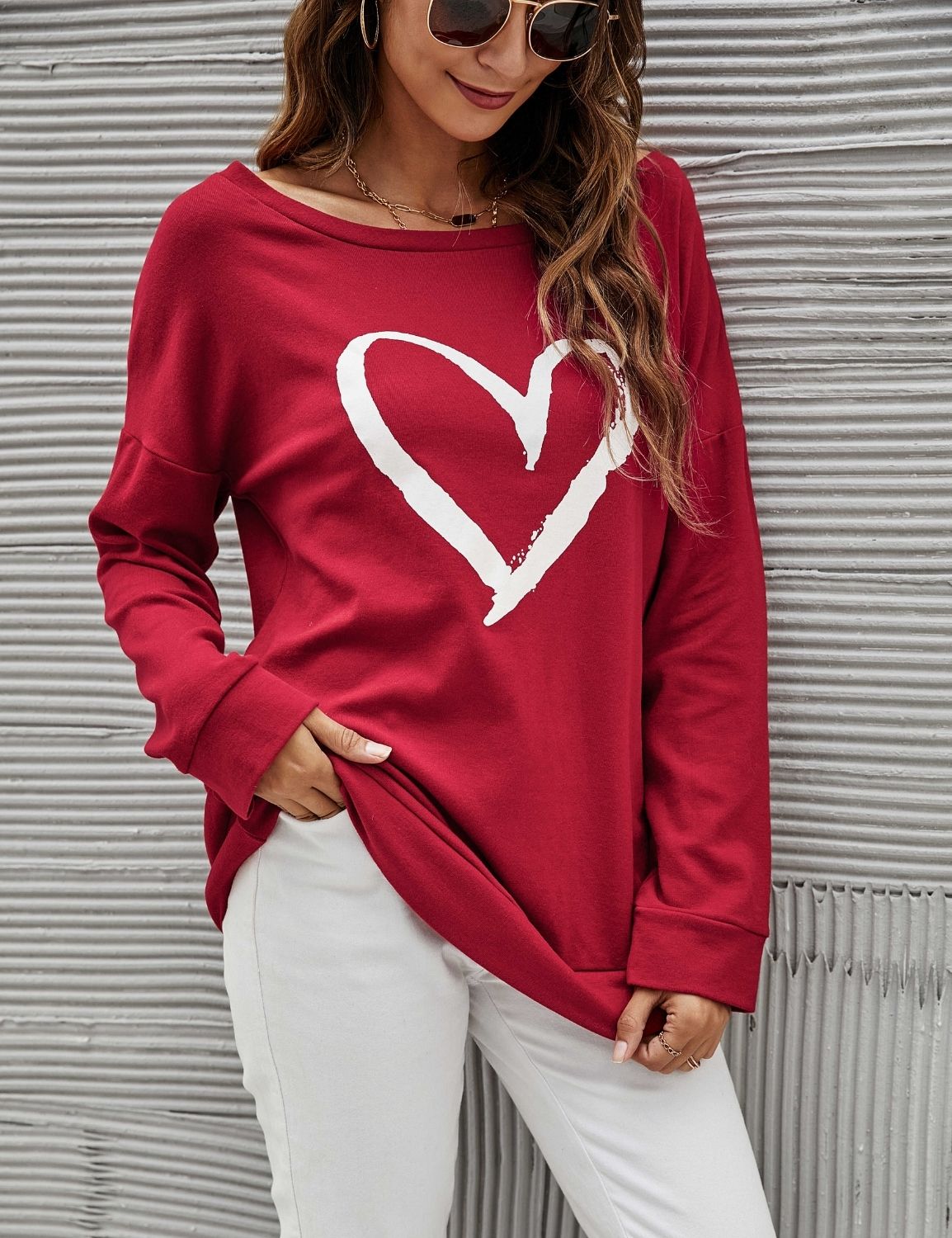 Heart Print Off the Shoulder Sweatshirt