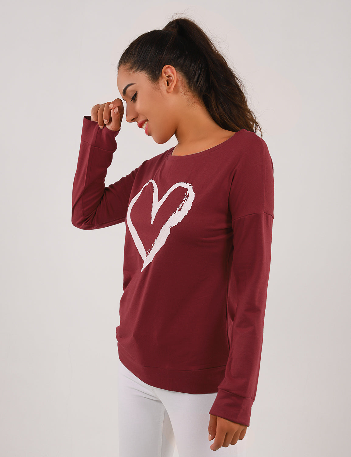 Heart Print Drop Shoulder Sweatshirt - Blooming Jelly
