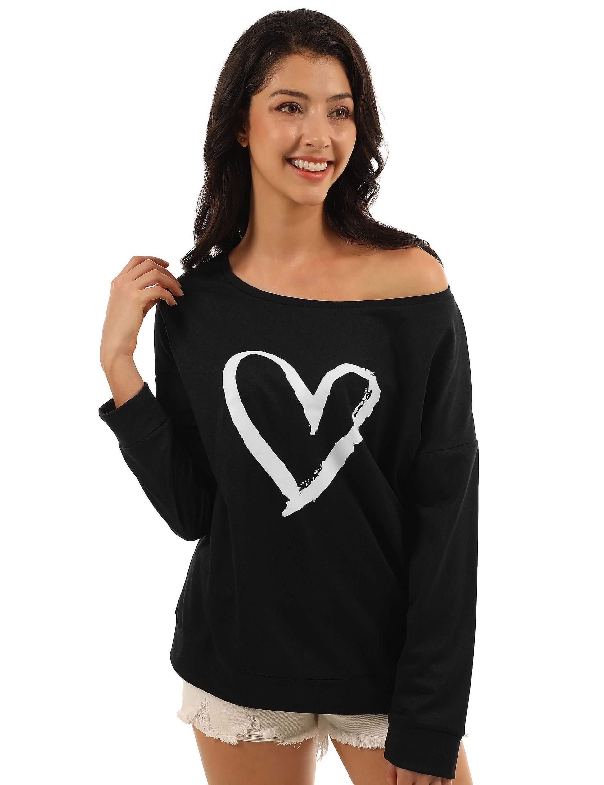 Heart Print Drop Shoulder Sweatshirt - Blooming Jelly