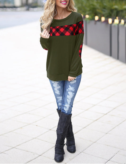 Casual Elbow Patched Checked Plaid Sweatshirt
