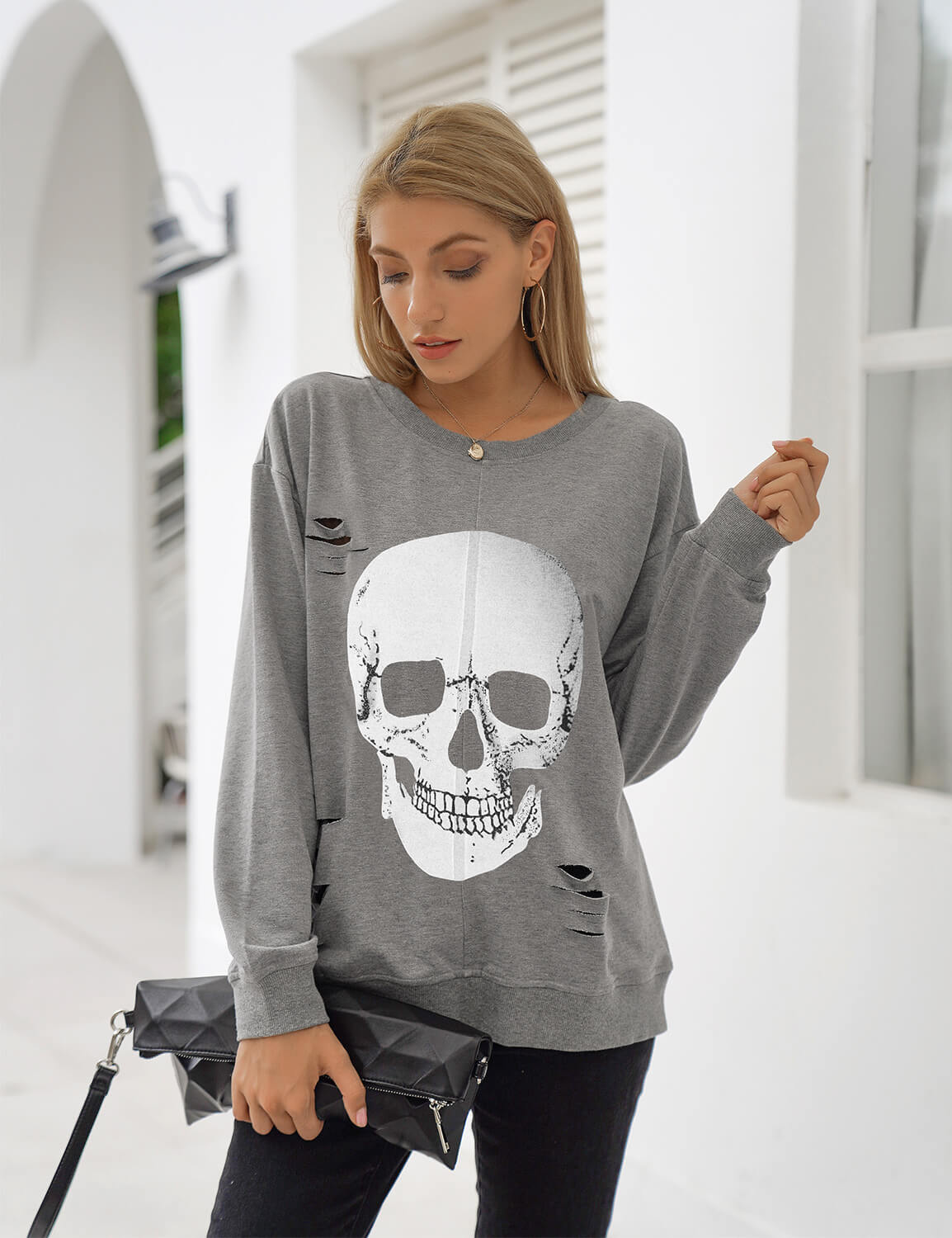 Skull Print Distressed Sweatshirt