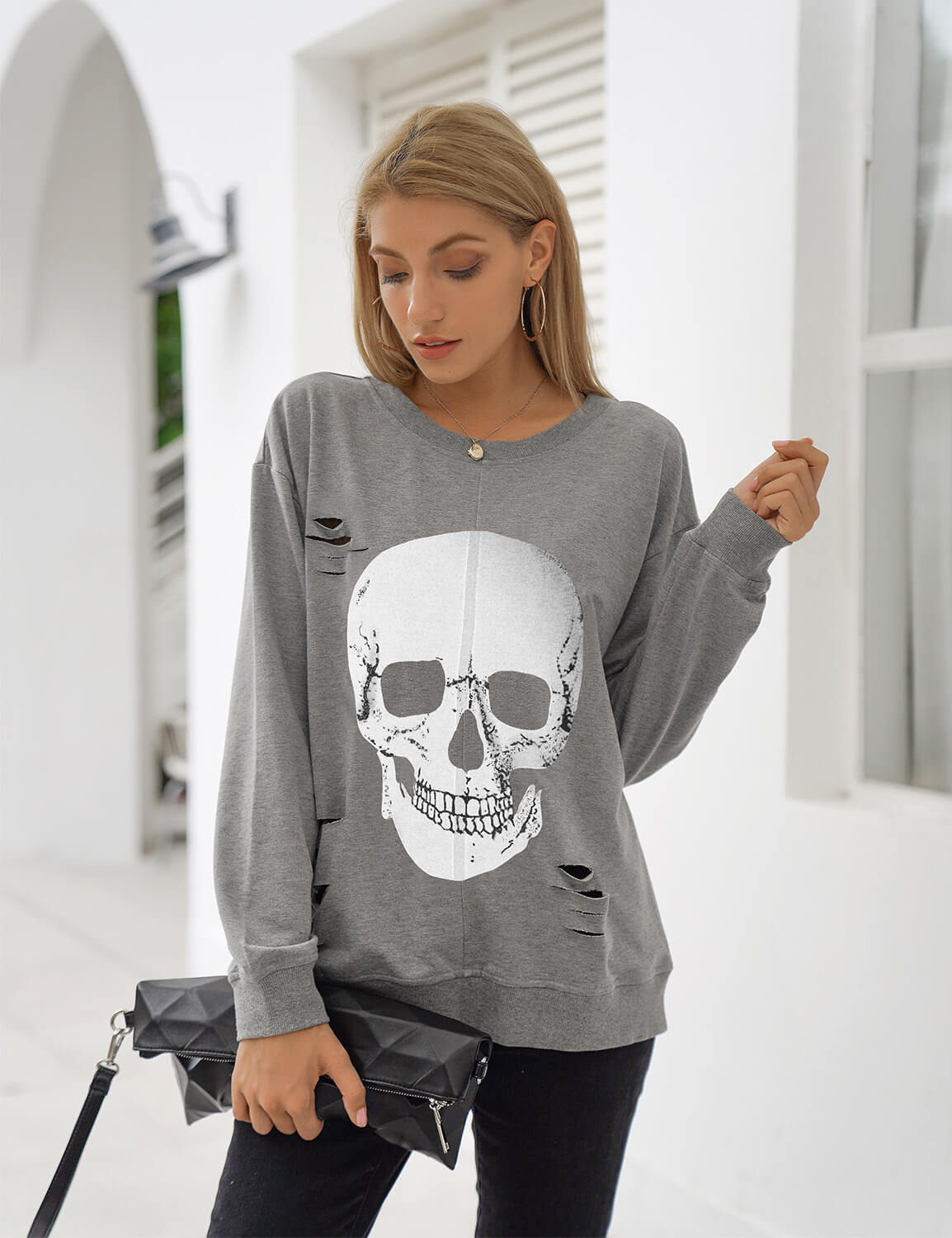 Blooming Jelly Tops Women's Skull Print Graphic Sweatshirt