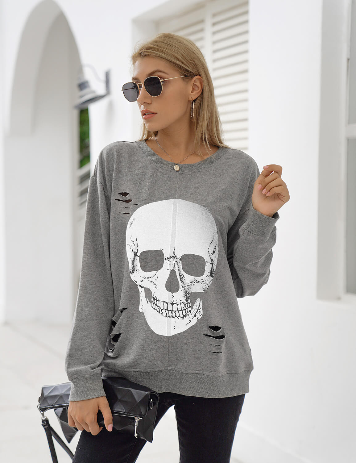 Blooming Jelly_Skull Print Distressed Sweatshirt_Gray_302048_07_Street Style Women Fashion Outfits_Tops_Sweatshirt