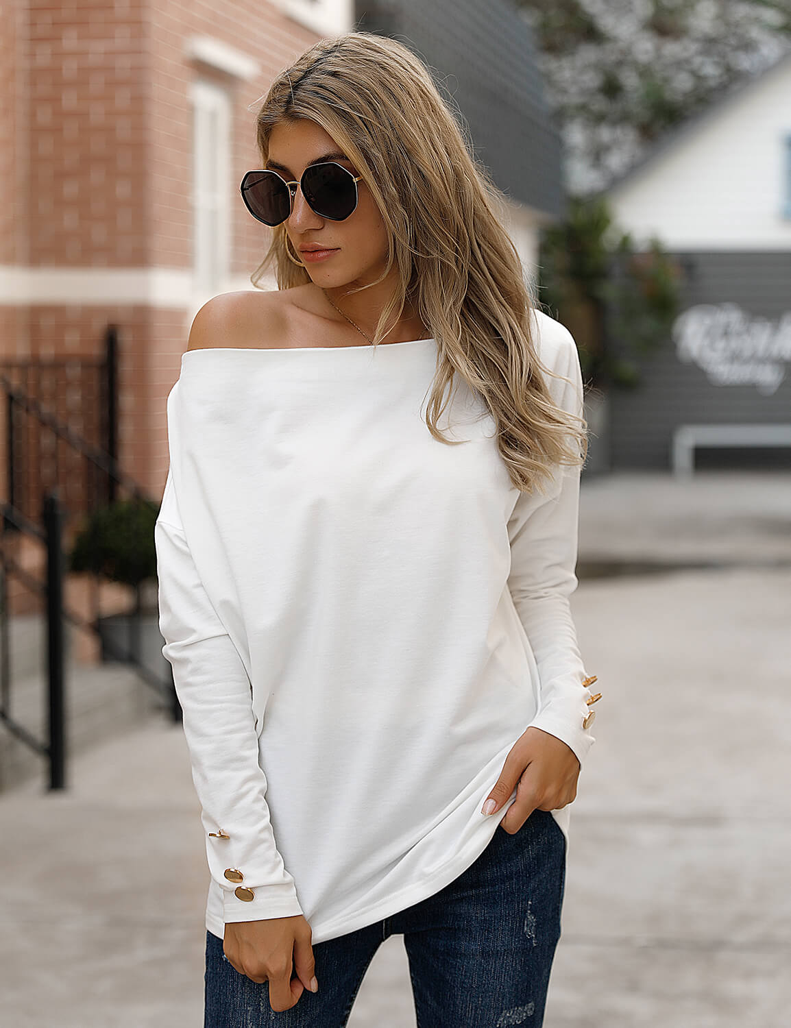 Off the shoulder white tee sale