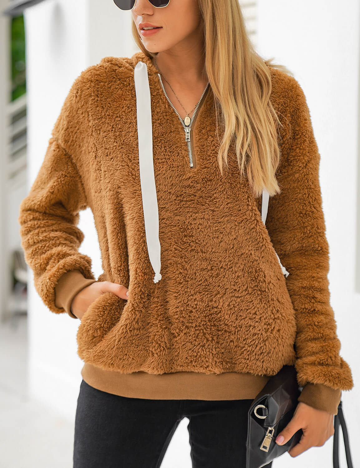 Fuzzy Half Zipper Pocket Hoodie