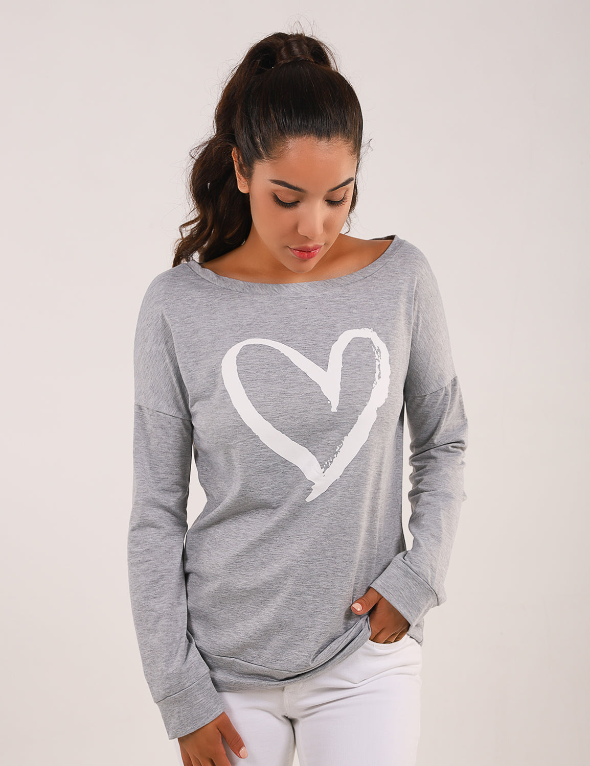 Heart Print Drop Shoulder Sweatshirt - Blooming Jelly