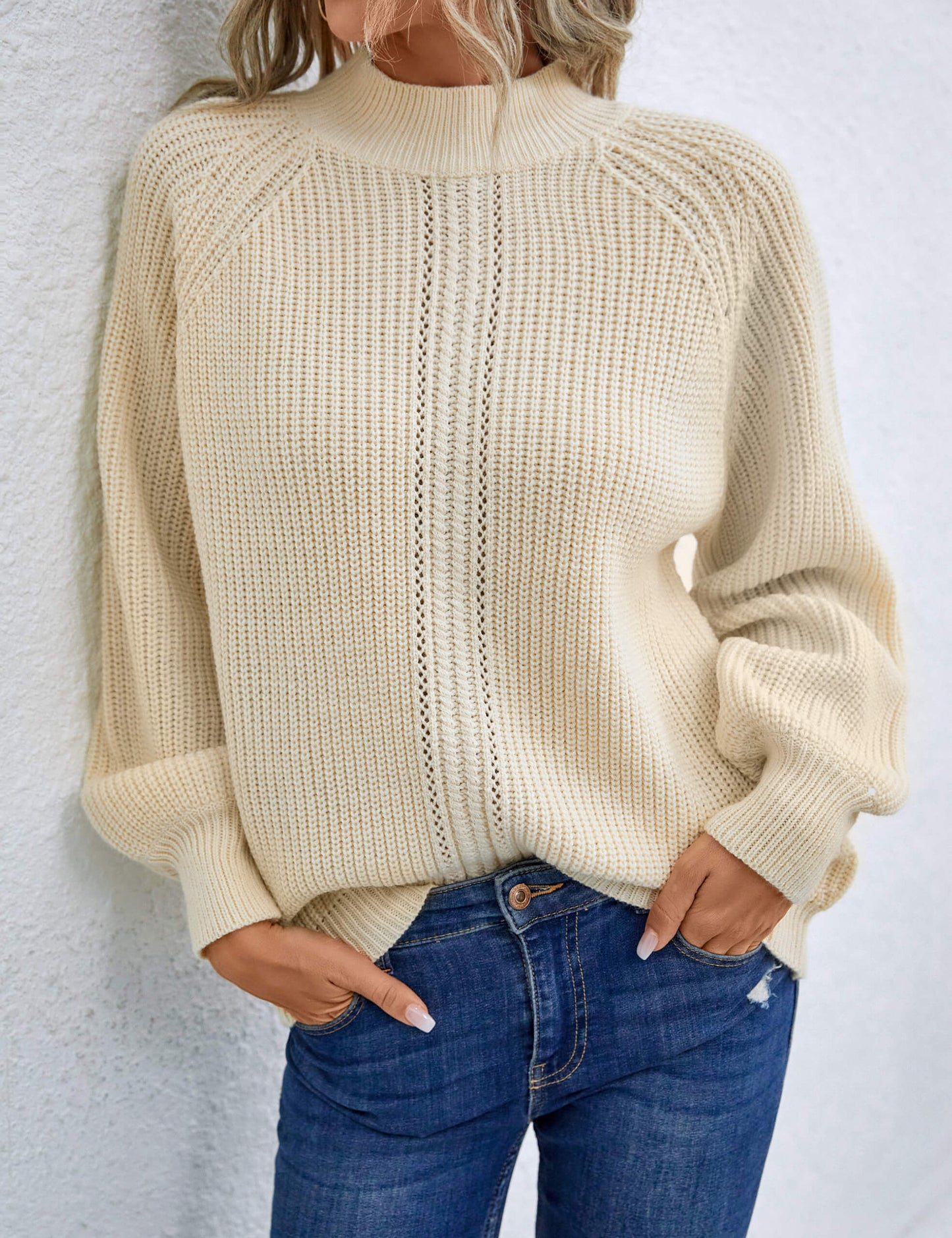 Turtle Neck Cable Knit Puff Sleeve Chunky Sweater