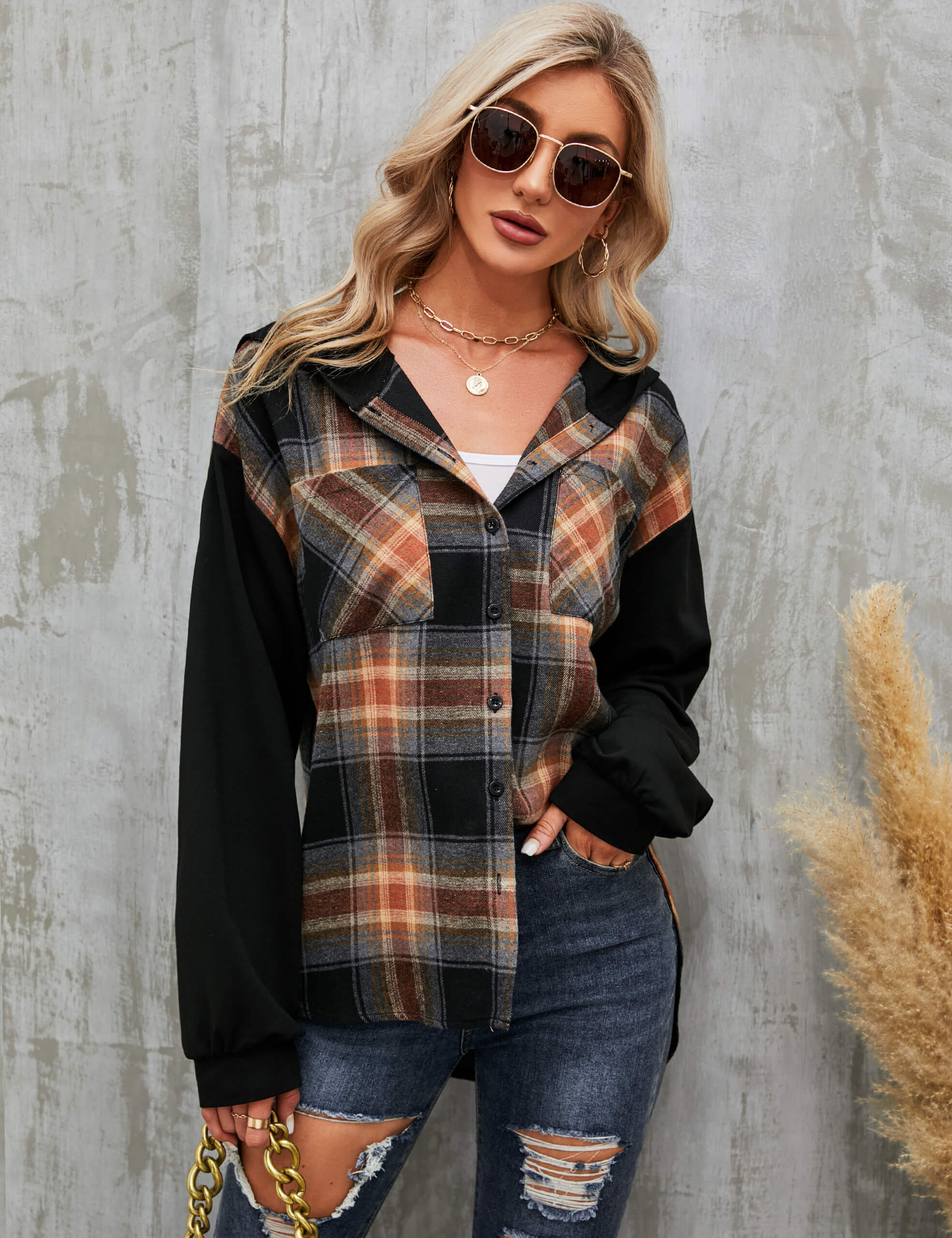 Blooming Jelly Tops Women s Plaid Hooded Shacket Flannel Shirt